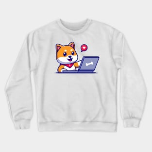 Cute Shiba Inu Dog Working On Laptop Cartoon Crewneck Sweatshirt